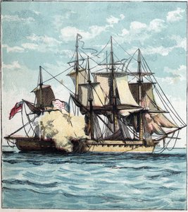 Krieg von 1812 zwischen den Vereinigten Staaten und Großbritannien: die Fregatte Chesapeake während der Seeschlacht gegen die britische Fregatte „Shannon“ am 01.06.1813 vor Boston. 