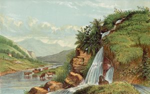 Wasserfall und Vieh von English School