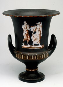 Wedgwood-Vase, die ein junges Mädchen und einen schwarzen Keramiksatyr darstellt, bemalt „mit der Enkaustik“. England, um 1775 - 1790. Münzkabinett, BN in Paris von English School