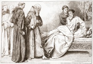 Wicliffe und die Mönche: Szene im Schlafzimmer, Illustration aus Die Geschichte des Protestantismus von James Aitken Wylie, veröffentlicht 1878