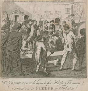 William Guest, wegen Hochverrats verurteilt, auf einem Schlitten nach Tyburn gezogen von English School
