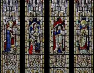 Fenster Ew, den Heiligen Ethelbert, die Heilige Anna und die Jungfrau, Joachim, St. Thomas von Hereford darstellend von English School