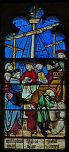 Fenster SaEw, Szene aus einer Legende des Heiligen Nikolaus: Die Getreideschiffe entladen in Myra von English School