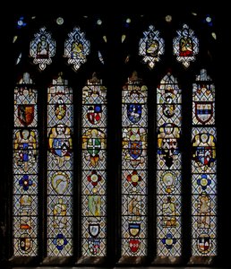 Fenster St. Nectan Kapelle Sw, Engel mit Wappenschilden darstellend; neu eingesetzte Engel, Köpfe und Rundbilder. Die Symbole der vier Evangelisten von English School