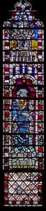 Fenster c1, St. Petrus mit Glaubensbekenntnis-Schriftrolle darstellend