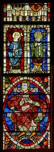 Fenster mit einer genealogischen Figur und zwei Heiligen