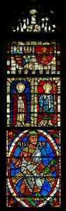 Fenster mit zwei Heiligen und heraldischen Schilden