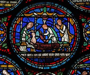 Fenster s6, Szene aus einem St. Thomas Becket Wunderfenster: Cicely von Plumstead(?) sitzt auf ihrer Bahre auf