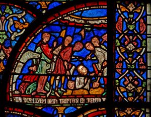 Fenster s7, Szene aus einem St. Thomas Becket Wunderfenster: William von Gloucester begraben und wieder ausgegraben von English School