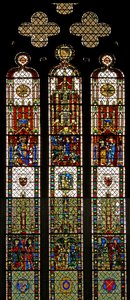 Fenster w31, Darstellung eines zusammengesetzten Fensters mit St. Edmund, St. William, St. Georg, Verkündigung, Anbetung der Heiligen Drei Könige von English School