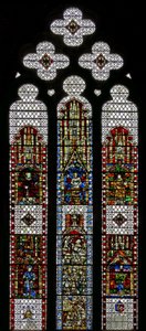 Fenster w32, Darstellung von St. Georg, St. Laurentius, St. Stephanus, St. Cuthbert, St. Peter, St. Anna, St. Joachim von English School