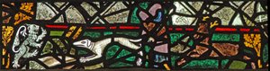 Fenster w40, Darstellung eines Randpanels mit Hirsch, Hund und Löwe