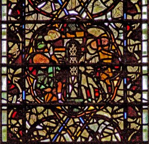 Fenster w60 mit dem hl. Paulus, der in einem Korb herabgelassen wird