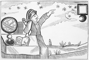 Zauberer, der den Mond und die Sterne konsultiert, Illustration aus einer Sammlung von Heftromanen über Esoterik