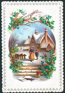 Frau und Junge gehen im Schnee, Weihnachtskarte von English School