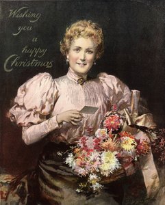 Frau mit Blumenstrauß, mit der Aufschrift: Frohe Weihnachten
