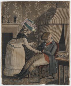 Frau stiehlt eine Strumpftasche und eine Taschenuhr von einem schlafenden Mann, ca. 1790