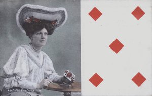 Frau mit Spielkarten und der Fünf von Karo von English School
