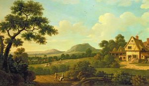 Waldlandschaft mit Figuren am Straßenrand von English School