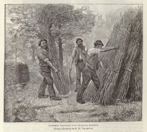 Holzfäller bereiten sich auf das Kohlenbrennen vor von English School