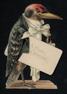 Specht als Kellner oder Butler verkleidet, Weihnachtsgrußkarte (Chromolithographie) von English School