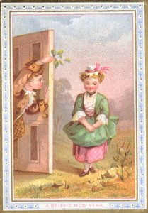 Mädchen zum Mistelzweig locken, Neujahrskarte von English School