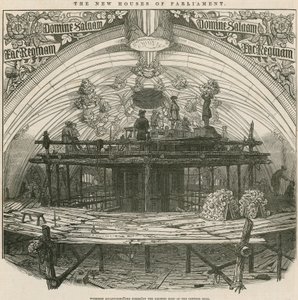 Arbeiter, die die Bossen am Gewölbedach der zentralen Halle skulptieren von English School