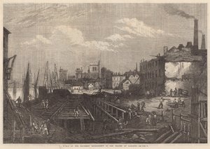 Arbeiten am südlichen Uferdamm der Themse in Lambeth von English School