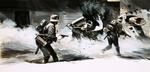 Soldaten des Zweiten Weltkriegs greifen einen Bunker mit einem Flammenwerfer an von English School