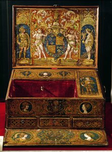 Schreibkasten oder Tischschreibtisch, wahrscheinlich bemalt von Lucas Hornebolte (ca. 1492-1544) ca. 1525-27