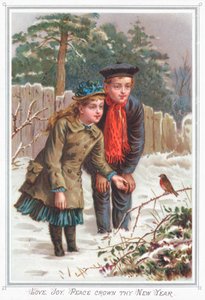 Junges Paar schaut auf Rotkehlchen, Neujahrskarte von English School
