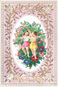 Mädchen und Junge mit Blumen und Bändern, Karte von English School