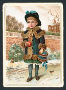 Junges Mädchen hält Pelzmuff und Apfel, Weihnachtskarte von English School