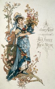 Junges Mädchen in Blau wünscht Ihnen ein frohes Weihnachtsfest und ein glückliches neues Jahr, ca. 1900 von English School