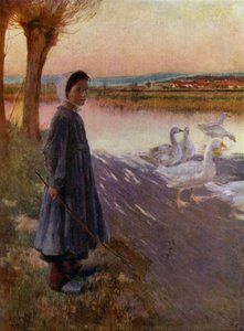 Junges Mädchen hütet eine Gänseschar von English School