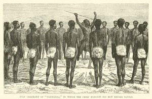 Zulu-Zeremonie von Ukuncinsa, bei der der Häuptling seine Männer vor der Schlacht ermahnt von English School