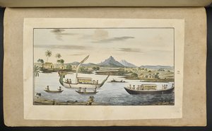 Flussszene in Java mit Booten, darunter ein drachenköpfiges Boot