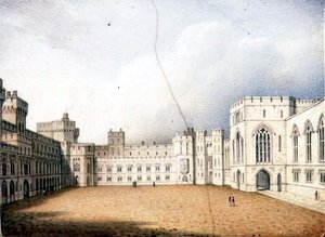Worcester-Plakette, die den Innenhof von Windsor Castle darstellt, eine von einem Paar, ca. 1830-40