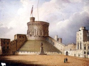Worcester-Plakette, die den Rundturm von Windsor Castle darstellt, eine von einem Paar, ca. 1830-40 von Enoch Doe