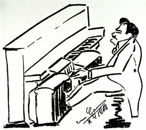 Selbstkarikatur des lyrischen Sängers Enrico Caruso am Pianola