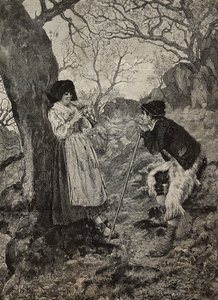 Idylle, Schäfer hört einer jungen Frau zu, die Flöte spielt, Gravur von G. Sabattini nach Aquarell von Enrico Nardi, aus L