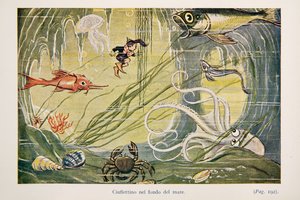 Ciuffettino auf dem Meeresgrund, Illustration aus Le Avventure di Ciuffettino von Enrico de Conti Novelli