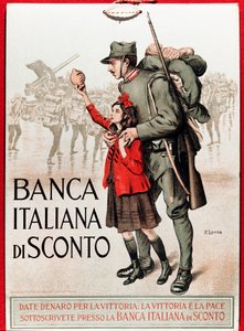 Erster Weltkrieg: Italienisches Plakat zur Förderung eines nationalen Kredits, Darstellung eines Soldaten mit einem kleinen Mädchen, das ihm seine Lira anbietet