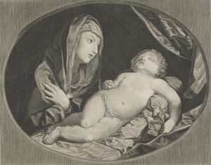 Die Jungfrau mit verschränkten Armen über der Brust, die das schlafende Christkind betrachtet von Ephraim Gottlieb Krüger