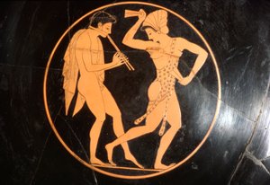 Trinkbecher, Kylix eines tanzenden Mädchens mit einem Flötenspieler, Attisch, ca. 510 v. Chr.