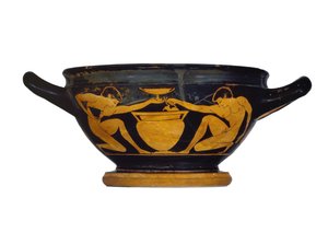 Attische rotfigurige Kylix-Skyphos, verziert mit zwei nackten Jugendlichen, die neben einem Säulenkrater knien, ca. 520-500 v. Chr. von Epiktetos