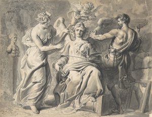Eine Allegorie der Künste mit Isis und Geometrie, die der dreiköpfigen Figur beiwohnen, 17. Jahrhundert