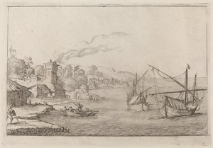Küstenlandschaft mit verankerten Schiffen