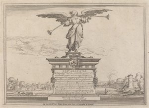Widmungsseite mit Statue der Fama von Ercole Bazicaluva