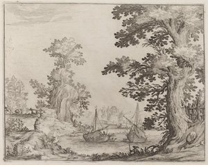 Landschaft und Fluss mit verankerten Schiffen